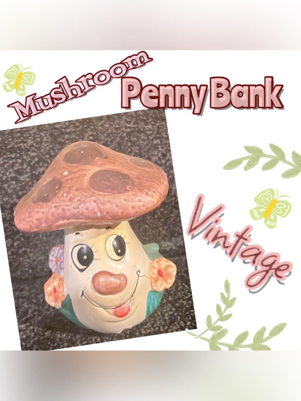 Vintage 1970s Anthropomorphic Ceramic Mushroom Penny Bank